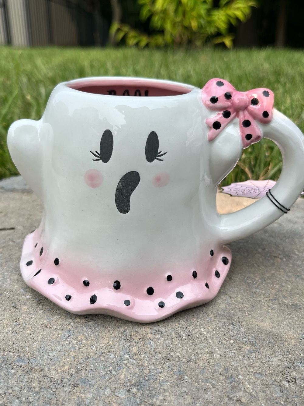 Cute Pink & White Ghost Mug with Bow Accent